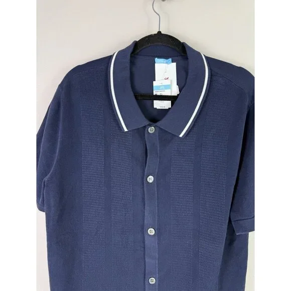 J McLaughlin Dugan Sweater Polo Navy Cotton Knit Short Sleeve MensCasual M